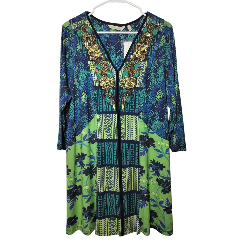 Soft Surroundings Blue and Green Embellished V-Neck Tunic
